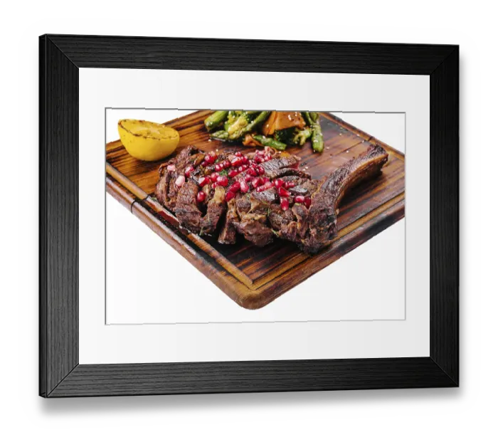 Framed Print : Food, Sliced grilled pork steak with pomegranate seeds and asparagus