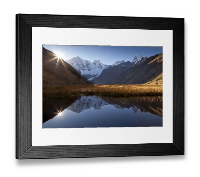 Framed Print : The morning sun and mountain peaks being reflected in lake Laguna Jahuacocha