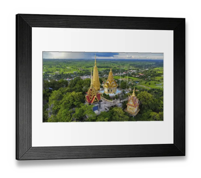 Framed Print : A buddhist temple on a mountain in Cambodia seen from above