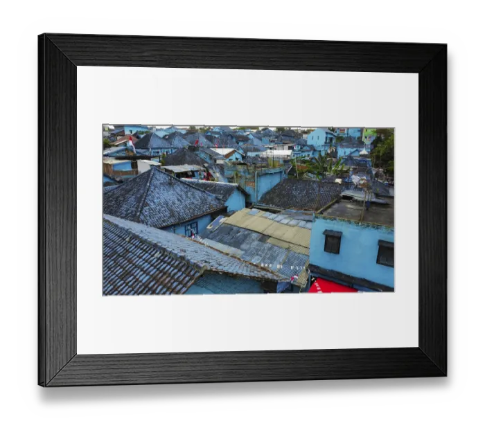 Framed Print : The blue village in Indonesia, photograped with a drone