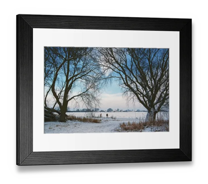 Framed Print : People walk across ice rink, trees