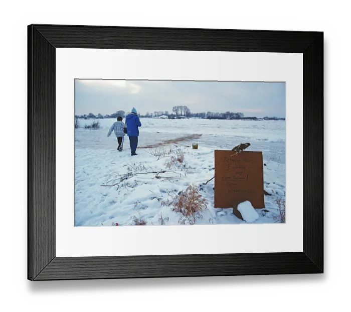 Framed Print : People walk across ice rink, ferry dock