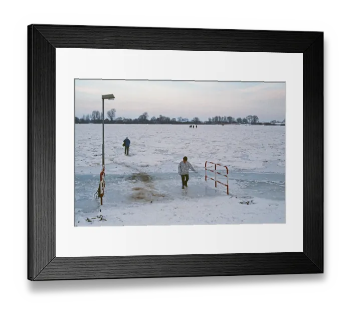 Framed Print : People walk across ice rink, ferry dock Framed Print : People walk across ice rink, ferry dock