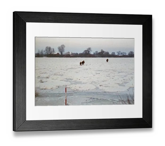 Framed Print : People walk across ice rink, frozen Elbe Framed Print : People walk across ice rink, frozen Elbe