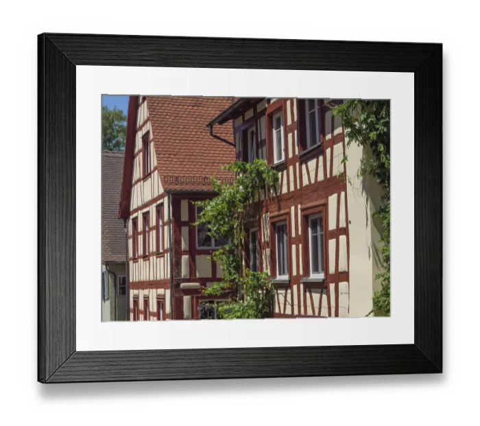 Framed Print : Half-timbered houses with ivy showing in sunlight
