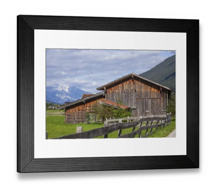 Framed Print : Cattle stable with view of the Karwendel North Range