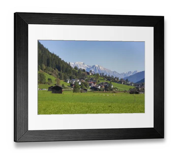 Framed Print : Houses and meadow with a view of the Karwendel North Range Framed Print : Houses and meadow with a view of the Karwendel North Range