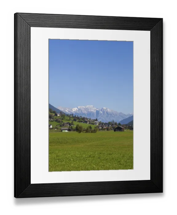 Framed Print : Houses and meadow with a view of the Karwendel North Range Framed Print : Houses and meadow with a view of the Karwendel North Range