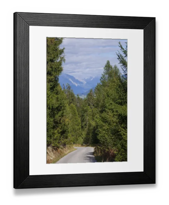 Framed Print : Road in the forest with a view of the Karwendel North Range