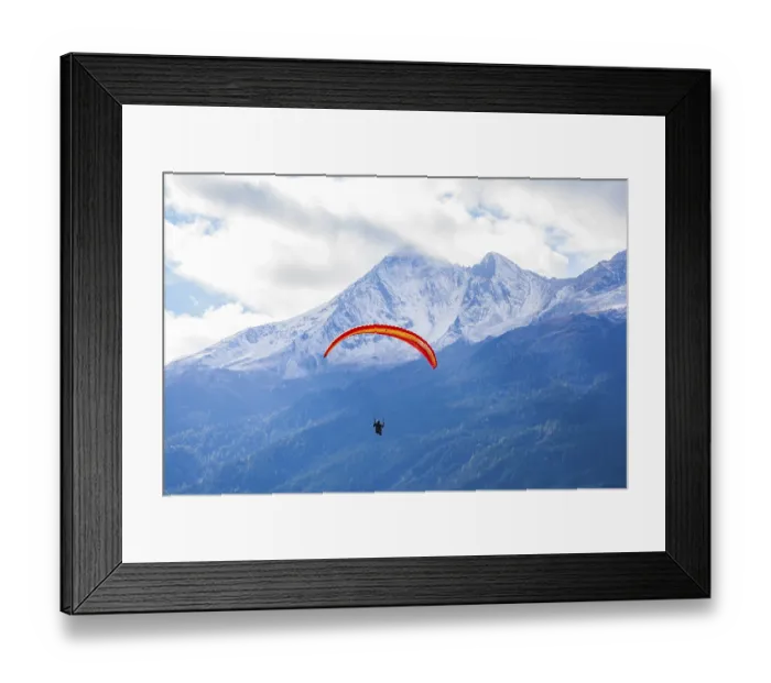 Framed Print : Paraglider and snowy Brennerspitze mountain in autumn Framed Print : Paraglider and snowy Brennerspitze mountain in autumn