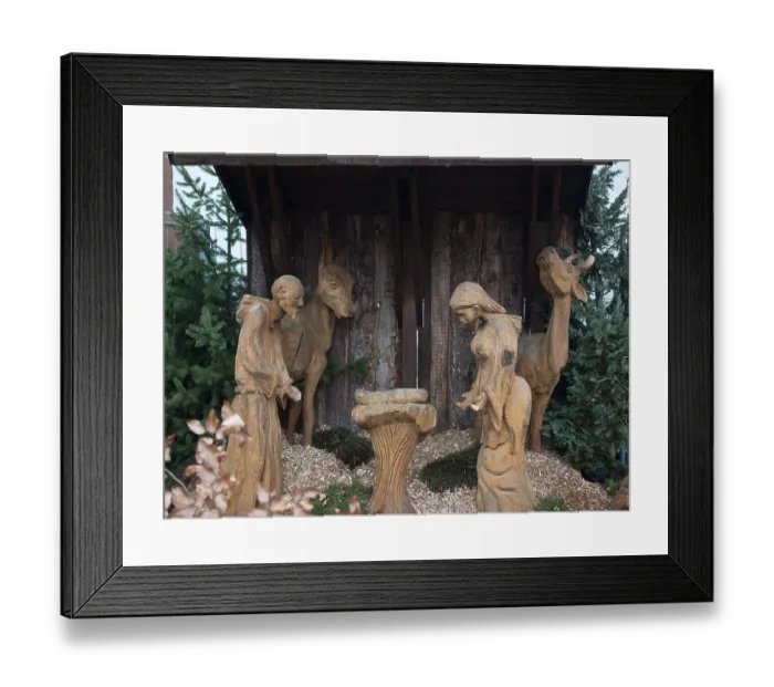 Framed Print : Wooden crib with religious figures and animals