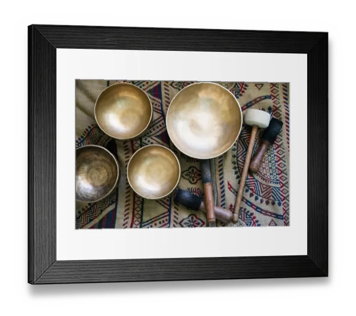 Framed Print : Accessories for sound massage. Tibetan singing bowls treatment Framed Print : Accessories for sound massage. Tibetan singing bowls treatment