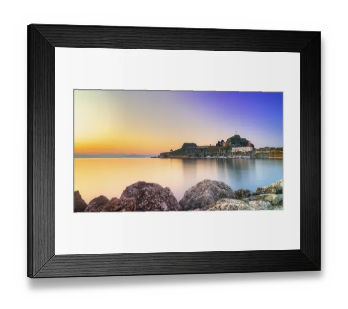 Framed Print : Old fortress, romantic view of a fortress at sunrise over calm water