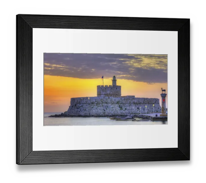 Framed Print : Agios Nikolaos fortress, picturesque castle with lighthouse at sunrise