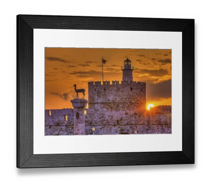 Framed Print : Agios Nikolaos fortress, castle and statue at sunrise with emotional and peaceful atmosphere