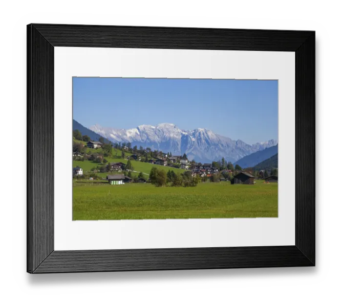 Framed Print : Houses and meadow with a view of the Karwendel North Range