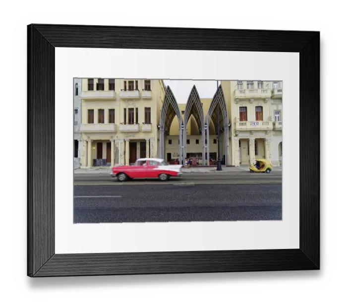 Framed Print : Modern-Gothic building with passing vintage car Framed Print : Modern-Gothic building with passing vintage car