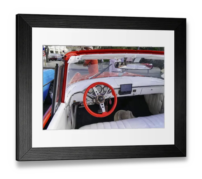 Framed Print : The interior of a classic car with detailed dashboard and red steering wheel Framed Print : The interior of a classic car with detailed dashboard and red steering wheel