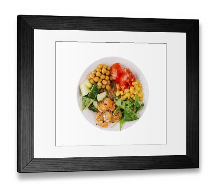 Framed Print : Food, Top view of a colorful and nutritious vegan buddha bowl isolated on a white background