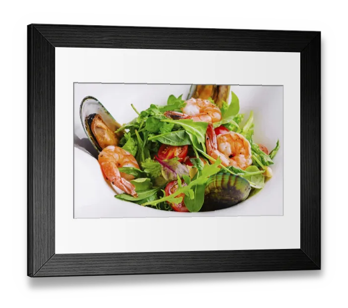 Framed Print : Food, Seafood salad with shrimps and mussels on plate