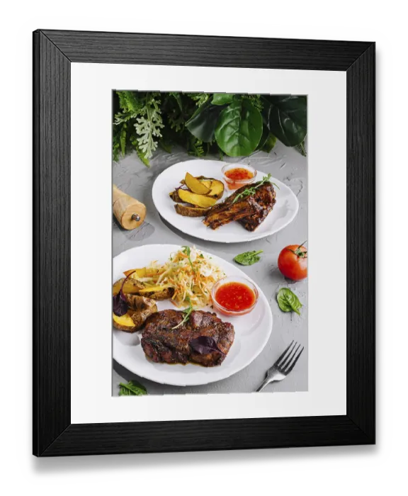 Framed Print : Food, Grilled pork ribs served with potato wedges Framed Print : Food, Grilled pork ribs served with potato wedges