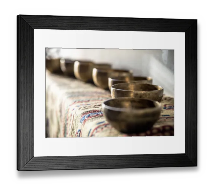 Framed Print : Accessories for sound massage. Tibetan singing bowls treatment