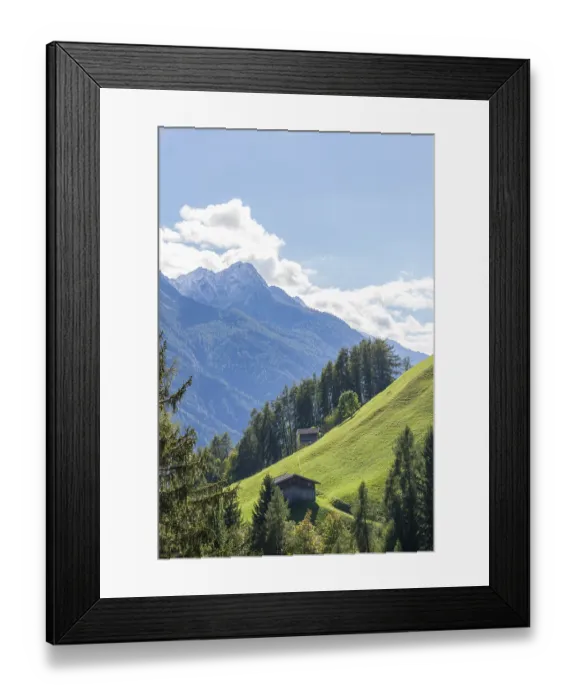 Framed Print : Alm with hay barn, forest and mountains Framed Print : Alm with hay barn, forest and mountains
