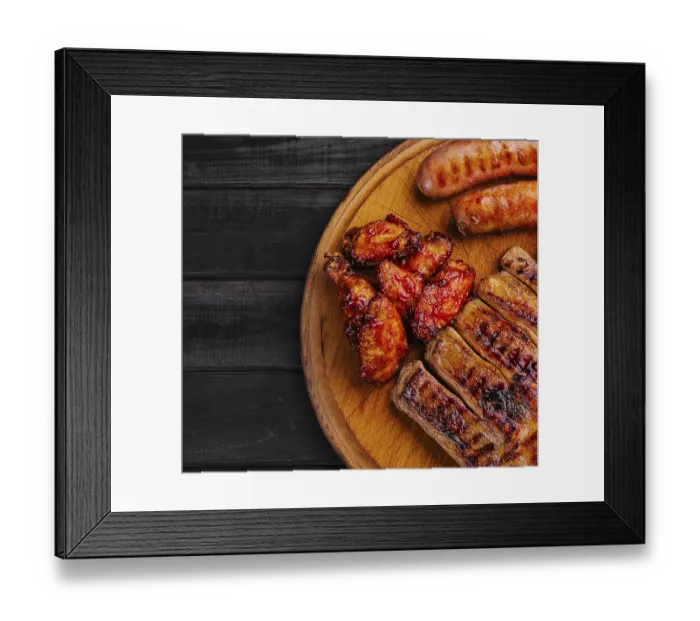 Framed Print : Food, Pork ribs with chicken and sausages on wooden board