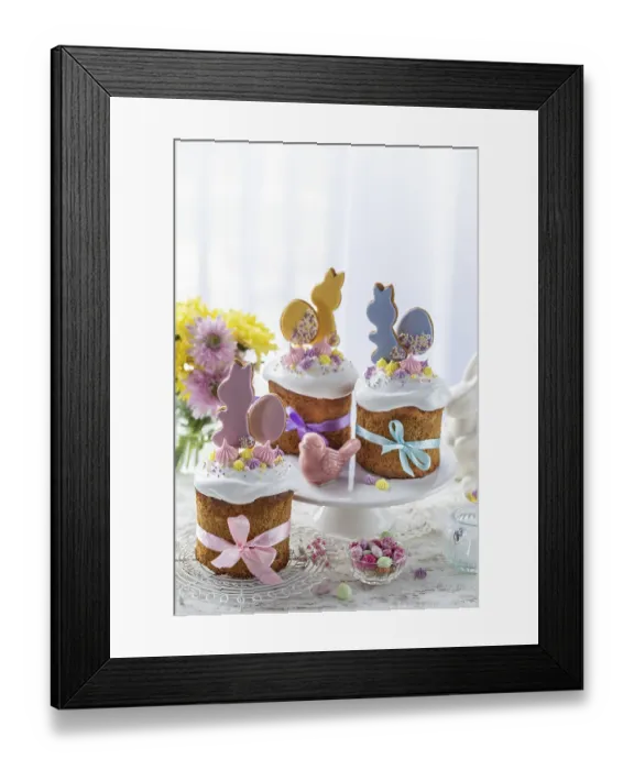 Framed Print : Food, Beautiful festive table with traditional Easter bread kulich decorated with colorful cookies