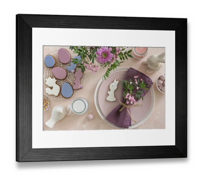 Framed Print : Food, Easter table setting with flowers and icing cookies