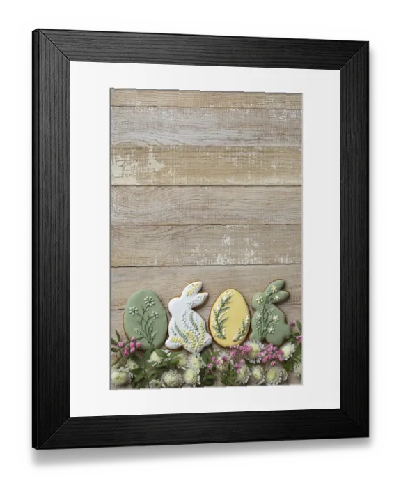 Framed Print : Food, Wooden background with easter icing cookies and flowers