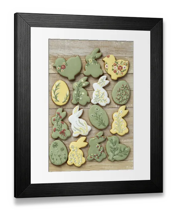 Framed Print : Food, Easter icing cookies on wooden background