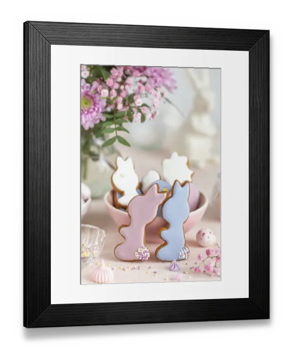 Framed Print : Food, Funny bunny cookies decorated with royal icing and colirful sprinkles