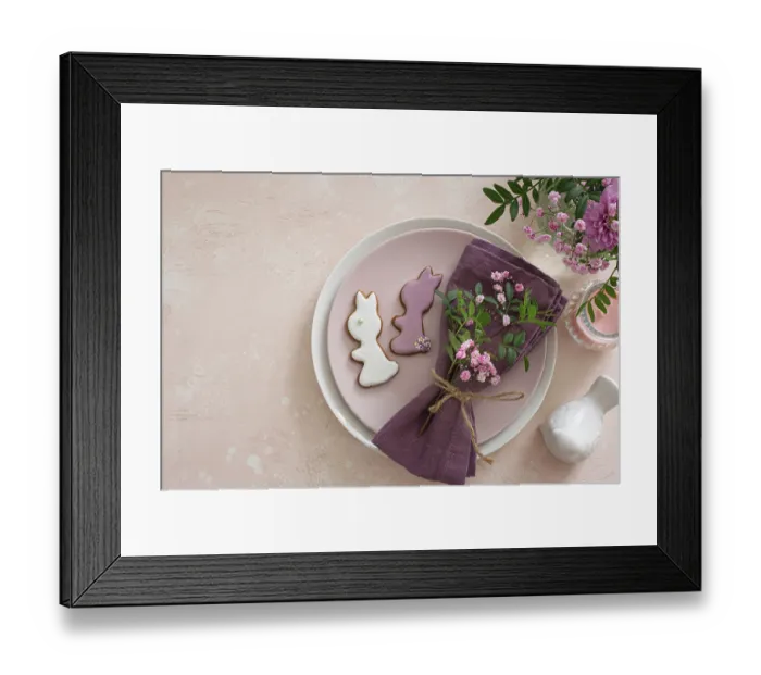 Framed Print : Food, Easter table setting with flowers and bunny icing cookies Framed Print : Food, Easter table setting with flowers and bunny icing cookies