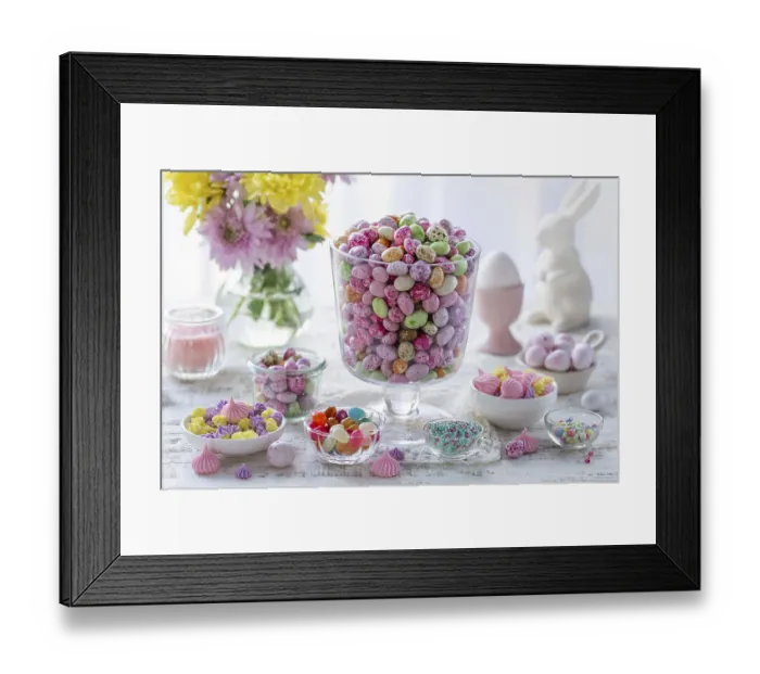 Framed Print : Food, Beautiful festive Easter table with colorful candy eggs