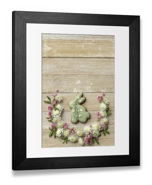 Framed Print : Food, Wooden background with easter bunny cookies and flowers Framed Print : Food, Wooden background with easter bunny cookies and flowers
