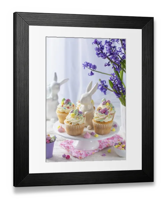 Framed Print : Food, Sweet and tasty Easter cupcakes decorated with colorful sprinkles end candy eggs