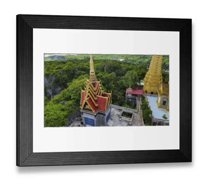 Framed Print : A buddhist temple on a mountain in Cambodia seen from above