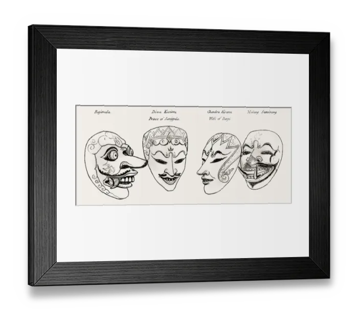 Framed Print : Javanese Topeng masks, 1817, from History of Java by Sir Thomas Stamford Bingley Raffles