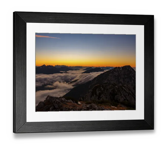 Framed Print : Alpine panorama at dusk, fog in the valley
