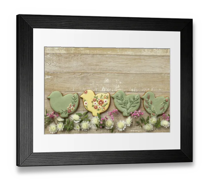 Framed Print : Food, Wooden background with easter icing cookies and flowers