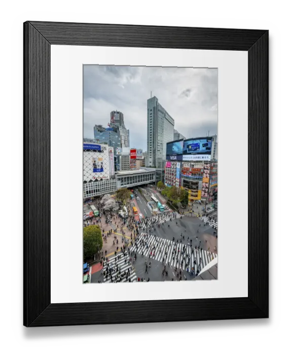 Framed Print : Modern houses with colorful neon signs and large road intersection