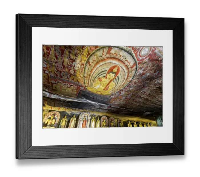 Framed Print : Ceiling painting in a cave with detailed Buddhist representations in strong colors
