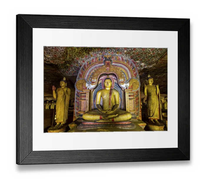 Framed Print : Central Buddha in a richly decorated frame within a cave decorated with ornaments Framed Print : Central Buddha in a richly decorated frame within a cave decorated with ornaments