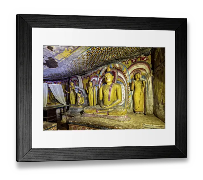 Framed Print : Meditative Buddha statues in a colorful cave with spiritual paintings on the walls Framed Print : Meditative Buddha statues in a colorful cave with spiritual paintings on the walls