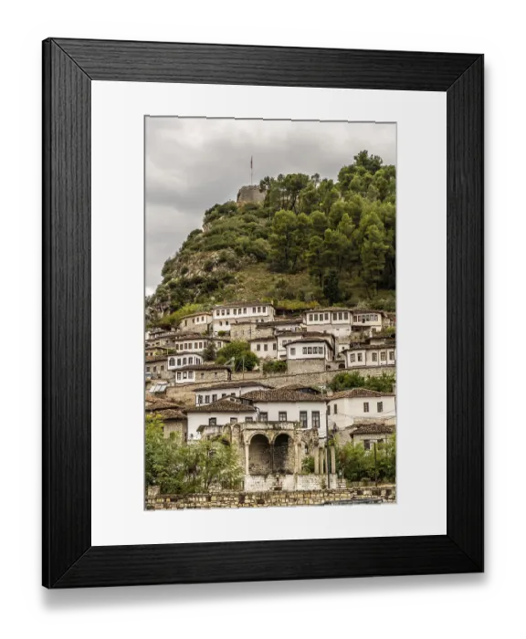Framed Print : Old town on a hillside with castle and old stone houses