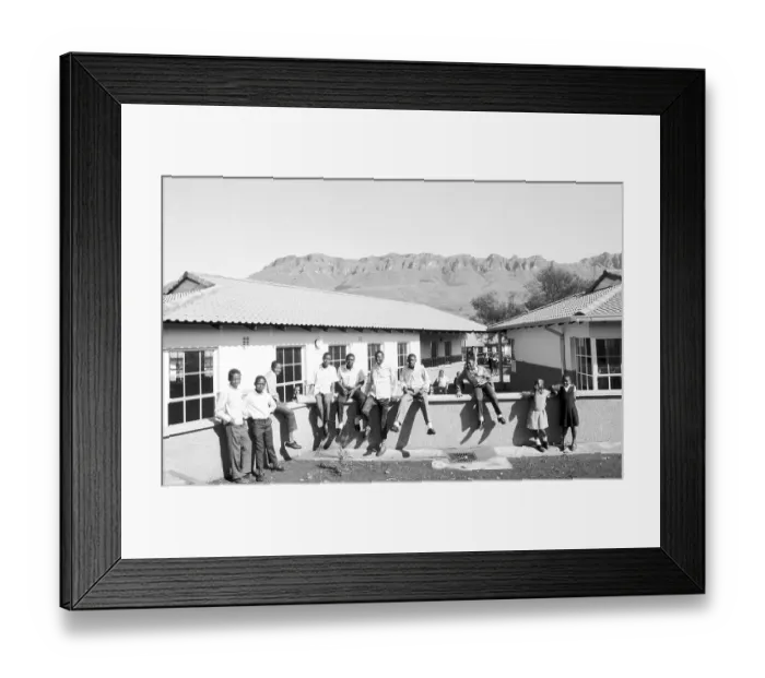 Framed Print : South Africa: Panoramic View of the Drakensberg Mountains and a Black School Building