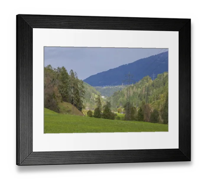 Framed Print : Landscape with high-voltage pylons in the Stubai Valley between Telfes and Mieders