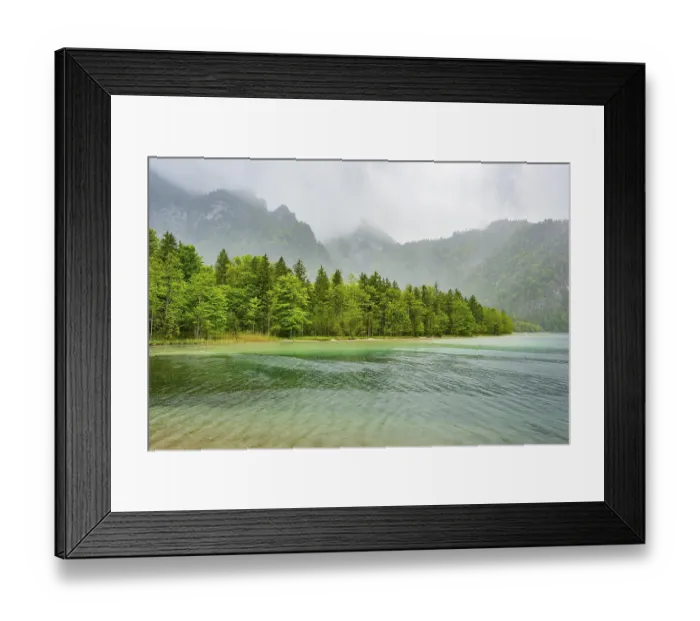 Framed Print : Landscape of Lake Offensee on a rainy day in spring