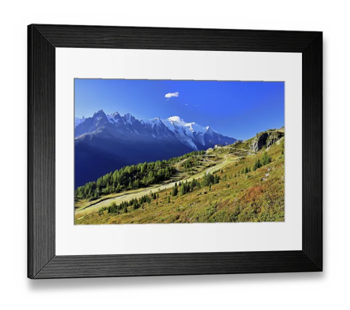 Framed Print : Mountain forest in an autumnal landscape with the snow-covered Mont Blanc massif in the background